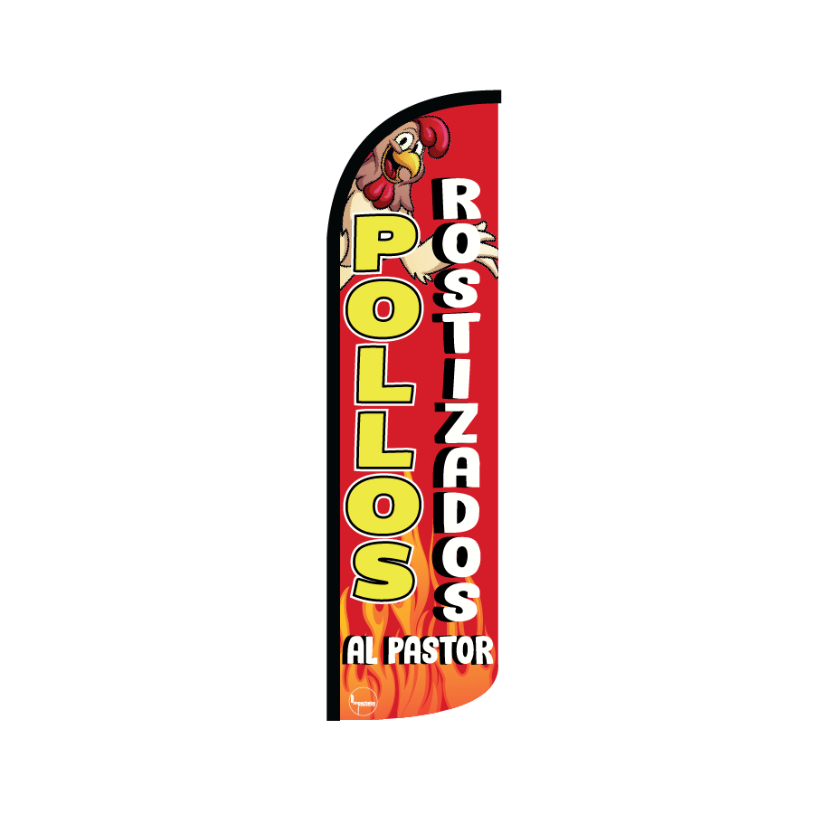 Bandera publicitaría para Pollos Rostizados al pastor (4 mts x 95cm)-Paquete completo-Impactate