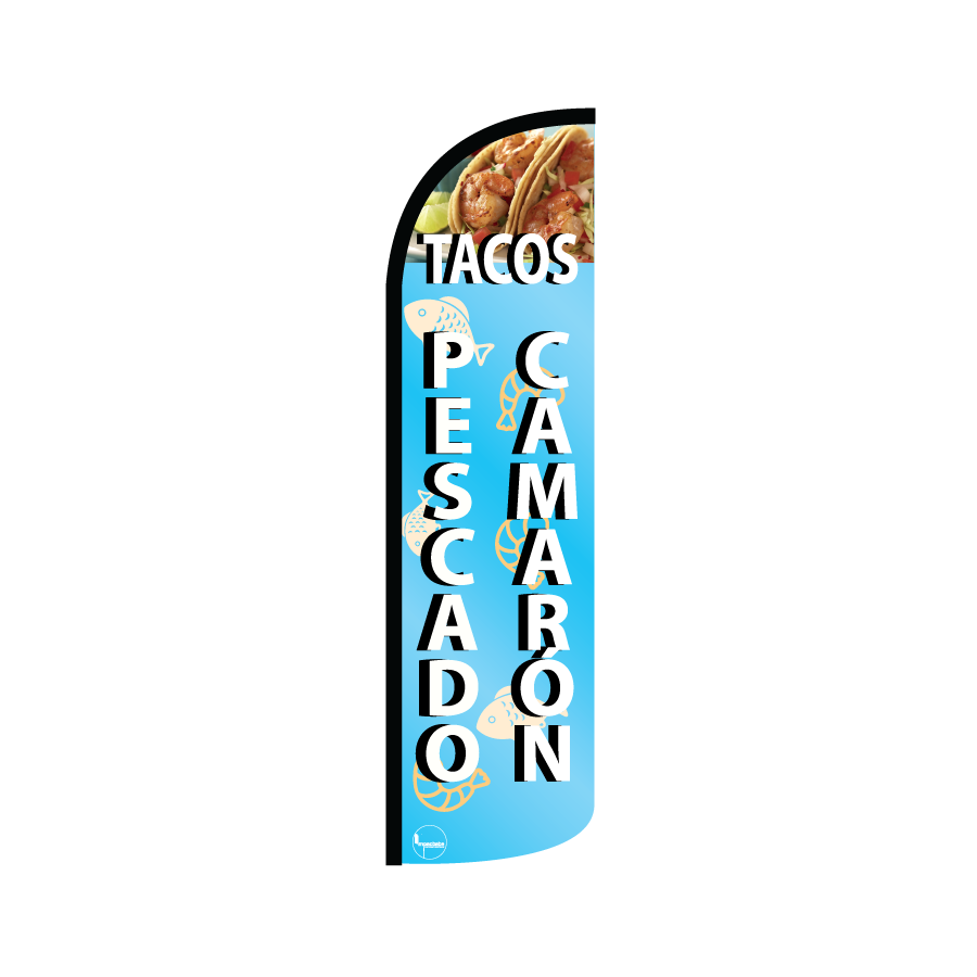 Bandera publicitaría para Tacos de Pescado y Camarón (4 mts x 95cm)-Paquete completo-Impactate